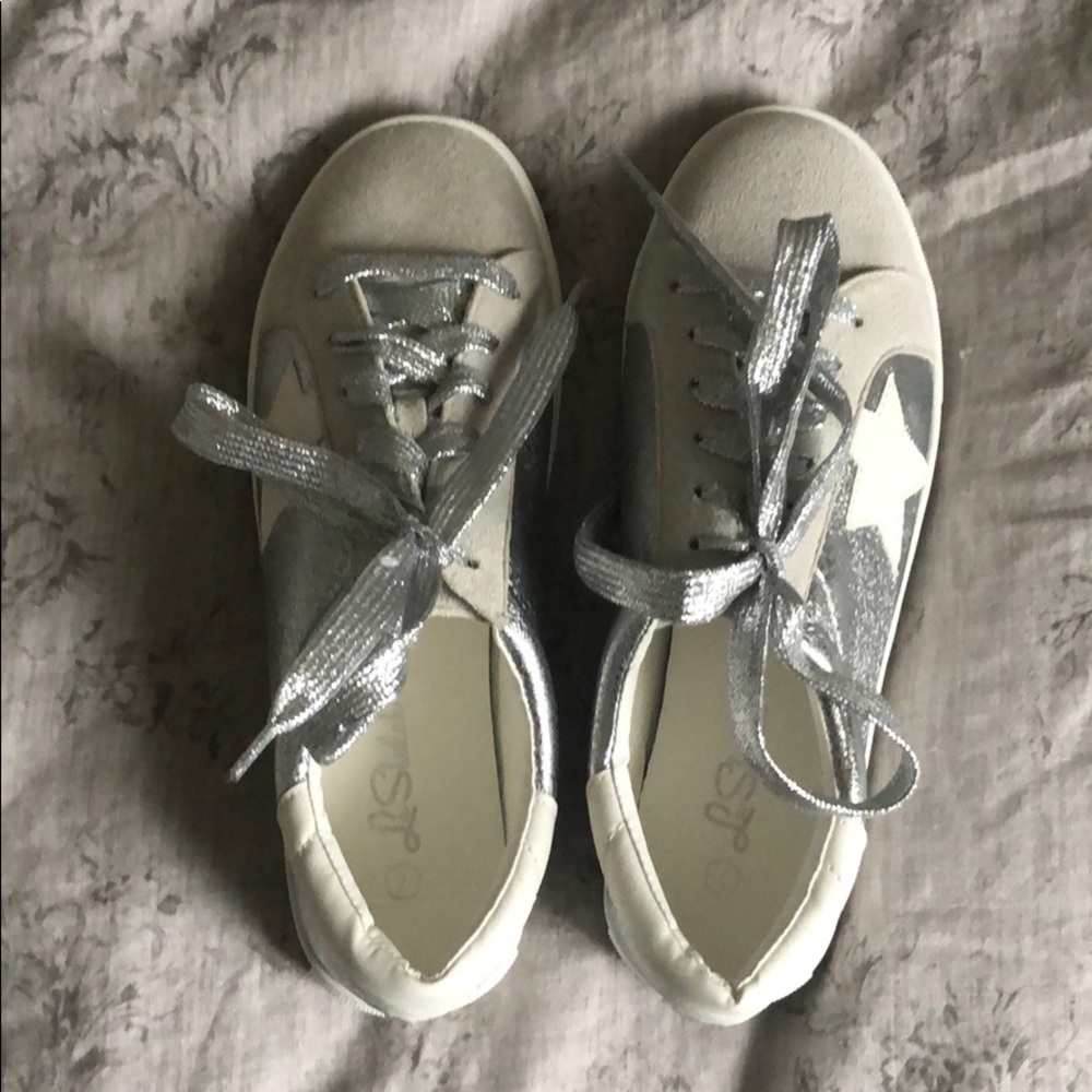 Leather suede and silver tennis shoes